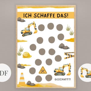 Belohnungstafel Bagger für Kinder, Punkteplan Baustelle mit Sticker, Routine für Kinder im Alltag PDF