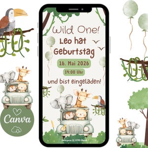 1歳の誕生日の男の子への招待状 |デジタル招待状 子供の誕生日 ワイルドワン | eカード サファリ動物車 | Canva ジャングルテンプレート