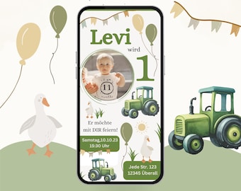 Tractor-themed children's birthday party invitation with photo | eCard birthday invitation for children, invitation via WhatsApp