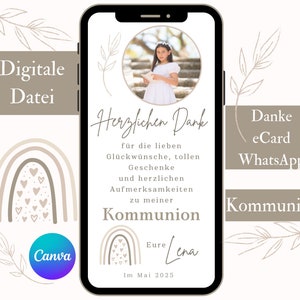 Carte de remerciement communion fille, action de grâces numérique avec photo WhatsApp, communion eCard bohème, modèle Canva, carte photo Merci beaucoup