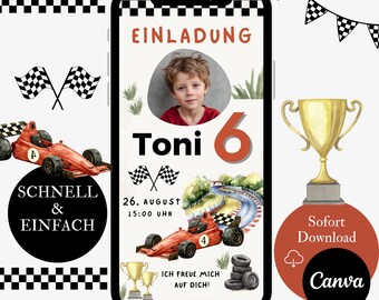 Invito a tema auto da corsa per il compleanno di un bambino, cartolina elettronica con foto, festa a tema Formula 1, pista da corsa