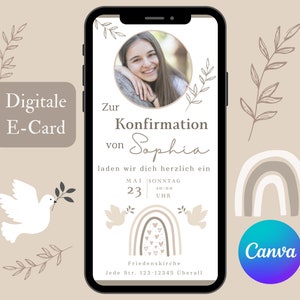 Digitale Einladung Konfirmation Mädchen, Einladungskarte WhatsApp personalisierbar, Foto Einladungsvorlage Canva, eCard Kommunion Kirche