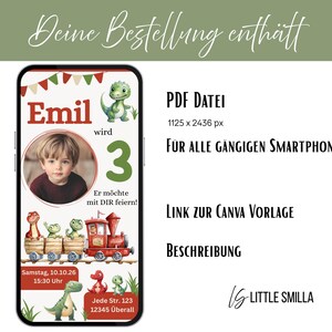 K&ouml;nnte beinhalten: Ein Smartphone-Bildschirm zeigt eine Geburtstagseinladung mit einem Foto eines jungen Jungen. Die Einladung hat ein Dinosaurier-Thema mit einer Lokomotive, Dinosauriern und dem Text "Emil wird 3". Datum und Uhrzeit sind ebenfalls enthalten.