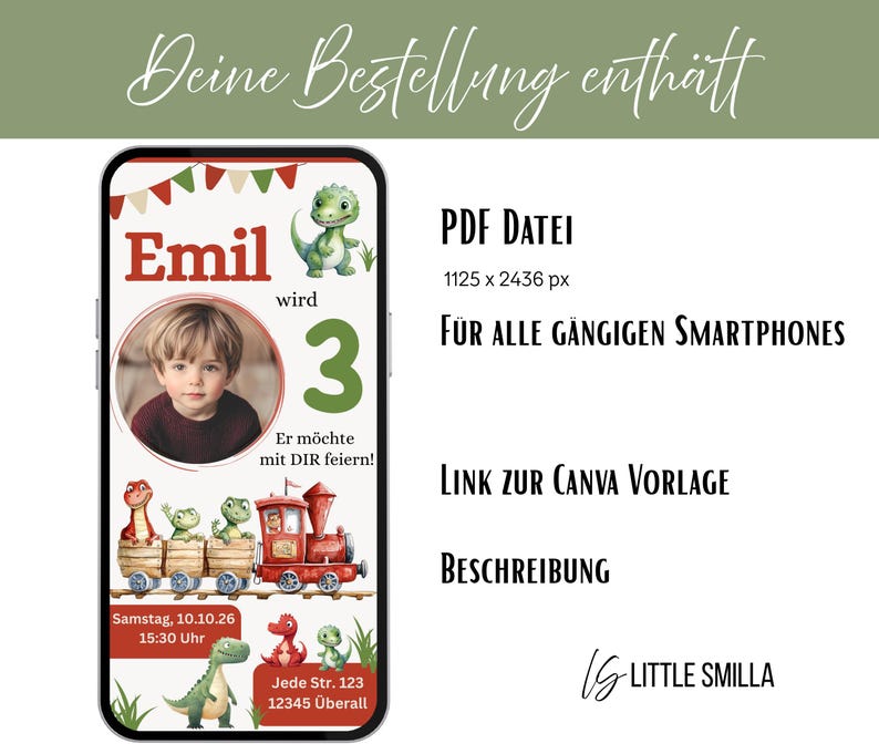 K&ouml;nnte beinhalten: Ein Smartphone-Bildschirm zeigt eine Geburtstagseinladung mit einem Foto eines jungen Jungen. Die Einladung hat ein Dinosaurier-Thema mit einer Lokomotive, Dinosauriern und dem Text "Emil wird 3". Datum und Uhrzeit sind ebenfalls enthalten.