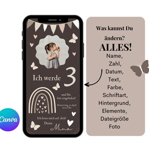 Puede incluir: Una invitaci&oacute;n de cumplea&ntilde;os marr&oacute;n y beige con un arco&iacute;ris, mariposas y una foto de un ni&ntilde;o. El texto dice "Ich werde 3" y "und Du bist eingeladen!" La invitaci&oacute;n es personalizable con el nombre, el n&uacute;mero, la fecha, el texto, el color, la fuente, el fondo, los elementos, el tama&ntilde;o del archivo y la foto.