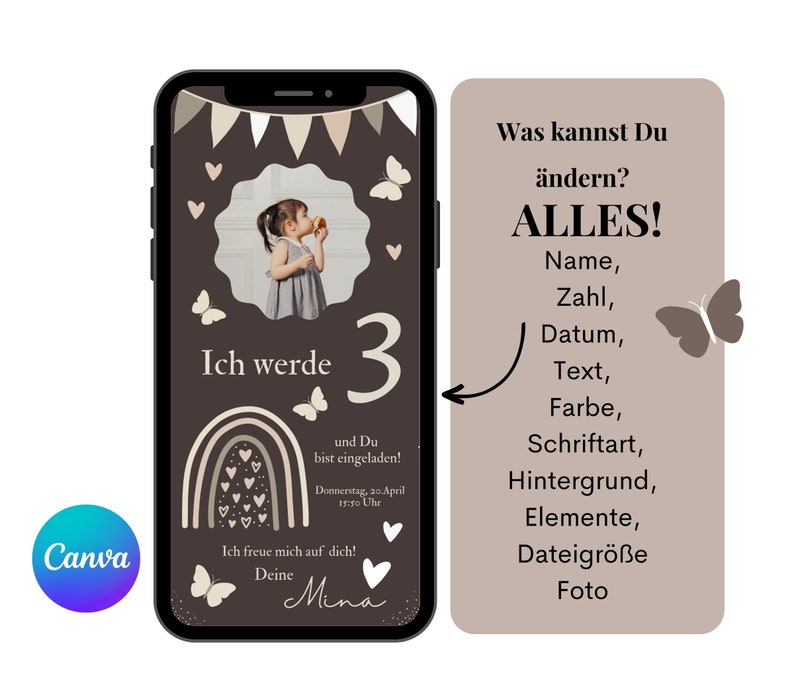 Puede incluir: Una invitaci&oacute;n de cumplea&ntilde;os marr&oacute;n y beige con un arco&iacute;ris, mariposas y una foto de un ni&ntilde;o. El texto dice "Ich werde 3" y "und Du bist eingeladen!" La invitaci&oacute;n es personalizable con el nombre, el n&uacute;mero, la fecha, el texto, el color, la fuente, el fondo, los elementos, el tama&ntilde;o del archivo y la foto.