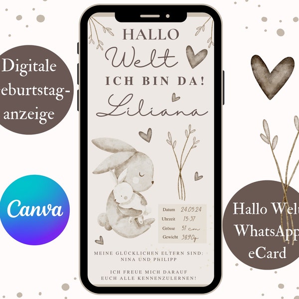 Digitale Geburtsanzeige Junge Mädchen, Bekanntgabe Geburt WahatApp, Vorlage Geburtskarte Canva, E-Card Geburt verkünden, Neugeborenen Karte