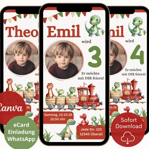 K&ouml;nnte beinhalten: Drei Smartphone-Bildschirme mit einem Geburtstagseinladungsdesign. Das Design zeigt ein Kinderfoto, eine Dinosaurier-Zug-Illustration und den Text "Theo", "Emil" und "wird 3 oder 4". Zus&auml;tzlicher Text enth&auml;lt "eCard", "WhatsApp" und "Download".