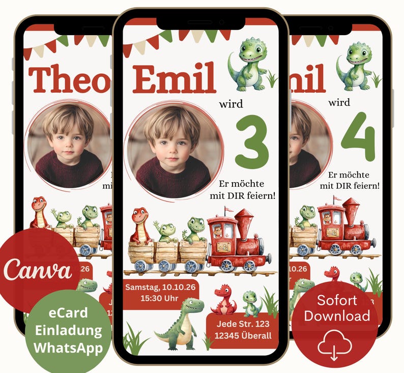 K&ouml;nnte beinhalten: Drei Smartphone-Bildschirme mit einem Geburtstagseinladungsdesign. Das Design zeigt ein Kinderfoto, eine Dinosaurier-Zug-Illustration und den Text "Theo", "Emil" und "wird 3 oder 4". Zus&auml;tzlicher Text enth&auml;lt "eCard", "WhatsApp" und "Download".