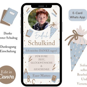 Personalisierte Danksagungskarte Einschulung, e-Card Danke Schulanfang, digitale Karte Schulkind, Danke per WhatsApp, Canva Vorlage Danke