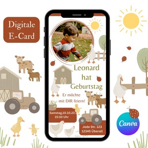 Tarjeta de invitación digital para cumpleaños infantil de granja, invitación personalizada niños, tarjeta electrónica animales plantilla Canva, invitación cumpleaños