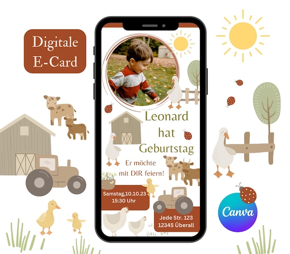 Digitale Einladungskarte zum Kindergeburtstag Bauernhof, Personalisierte Einladung Kinder, e-Card Tiere Canva Vorlage, Einladung Geburtstag