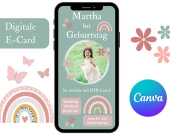 Invitation card with photo children's birthday, digital invitation with rainbow girl, invitations via WhatsApp children, e-card template Canva
