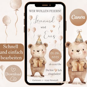 Convite de 1º aniversário, cartão de convite digital de aniversário infantil urso, eCard menino menina WhatsApp, modelo de convite de aniversário Canva
