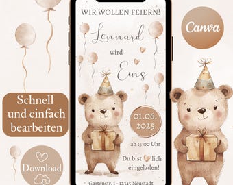 1st birthday invitation, digital invitation card for a children's birthday party with a bear design, eCard for boys and girls via WhatsApp, birthday invitation template from Canva