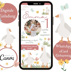Cartão de convite digital para aniversário infantil, convite personalizado menina com foto, modelo de e-card Canva, convite de aniversário rosa