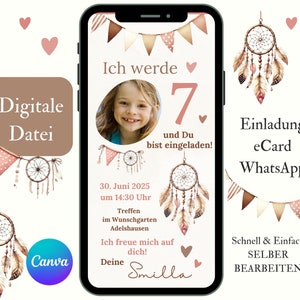 Invito per il compleanno di una ragazza, acchiappasogni, biglietto d'invito digitale per foto di compleanno per bambini, modello Canva personalizzato per il compleanno di una ragazza