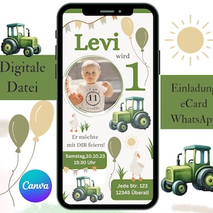 Invitation card children's birthday tractor invitation digital boy, eCard birthday invitation children invitation via WhatsApp template Canva