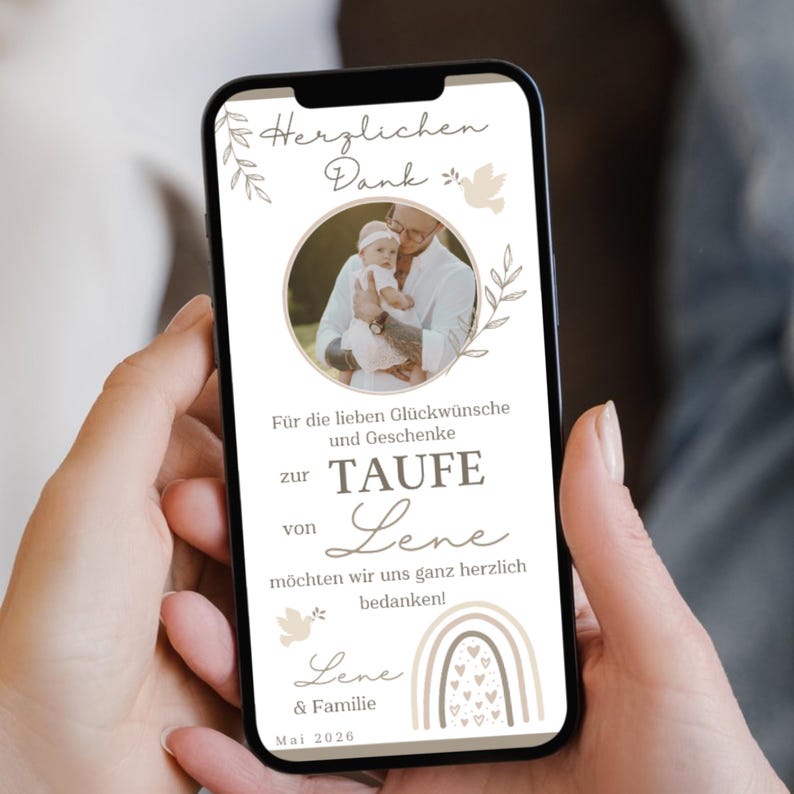Tarjeta digital de agradecimiento por bautizo con foto, tarjeta electrónica boho arcoíris | Mensaje de agradecimiento por bautizo para niña por WhatsApp | Gracias por las felicitaciones por la celebración del bautizo imagen 5