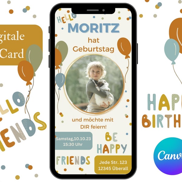 Invitation de fête d'anniversaire pour enfants avec photo, carte d'invitation numérique garçons filles, invitation e-card pour anniversaire WhatsApp, modèle Canva