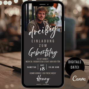 Uitnodiging 30e verjaardag man, digitale uitnodigingskaart WhatsApp verjaardagsfeestje, eCard Canva sjabloon met foto, verjaardagsuitnodiging mannen