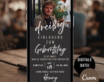 Invitation for a man's 30th birthday, digital invitation card for a WhatsApp birthday party, eCard Canva template with photo, birthday invitation for men