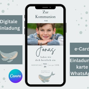 Einladung Kommunion Junge, Einladungskarte WhatsApp personalisierbar, Digitale Erstkommunion Einladungsvorlage Canva, eCard Konfirmation