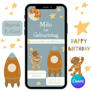 Invitation numérique pour l'anniversaire des enfants dans l'espace, astronaute e-card pour invitation d'anniversaire WhatsApp, fusée de carte d'invitation personnalisée