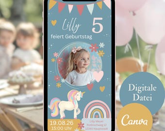 ユニコーンの誕生日招待状、虹のデジタルWhatsApp招待状カード、写真付きeカード誕生日招待状、5歳の誕生日用Canvaテンプレート