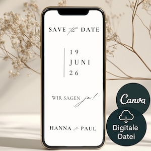 Save the Date Hochzeit Einladung | digitale Einladungskarte Hochzeitsfeier | eCard Hochzeitseinladung Vorlage Canva | Ankündigung Paar weiß