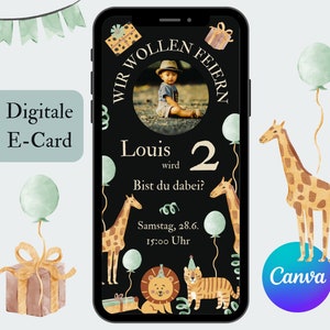 Convite de aniversário infantil, cartão eletrônico de aniversário personalizável com foto meninos, cartão de convite digital animais safari zoo circus