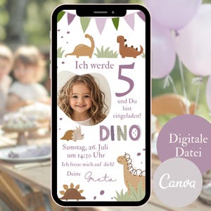 Invitation anniversaire enfant fille dinosaure, carte d'invitation numérique anniversaire violet, carte électronique photo WhatsApp, modèle d'invitation anniversaire Canva