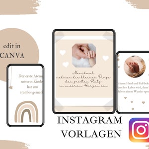 Puede incluir: Plantilla de dise&ntilde;o digital para publicaciones de Instagram, con tres maquetas de pantallas de tel&eacute;fono. Las pantallas muestran contenido tem&aacute;tico de beb&eacute;s, incluyendo un arco&iacute;ris, pies de beb&eacute; y texto en alem&aacute;n. El dise&ntilde;o incluye el texto "edit in CANVA" y "INSTAGRAM VORLAGEN".