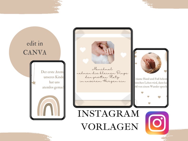 Puede incluir: Plantilla de dise&ntilde;o digital para publicaciones de Instagram, con tres maquetas de pantallas de tel&eacute;fono. Las pantallas muestran contenido tem&aacute;tico de beb&eacute;s, incluyendo un arco&iacute;ris, pies de beb&eacute; y texto en alem&aacute;n. El dise&ntilde;o incluye el texto "edit in CANVA" y "INSTAGRAM VORLAGEN".