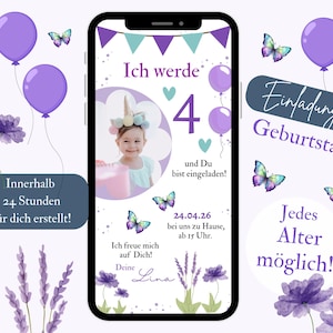 Invitación morada cumpleaños infantil con foto, tarjeta de invitación digital cumpleaños, plantilla Canva ecard WhatsApp, invitación de cumpleaños niña