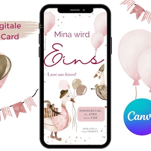 Biglietto d'invito digitale per il compleanno dei bambini, e-card WhatsApp personalizzabile, invito per ragazze, invito compleanno per cellulari, modello Canva