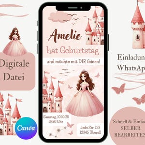 Einladung Kindergeburtstag Prinzessin, digitale Einladungskarte Geburtstag rosa, e-Card Mädchengeburtstag, personalisierte Vorlage Canva