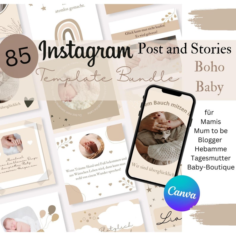 Puede incluir: Un paquete de plantillas digitales para publicaciones e historias de Instagram, con un tema Boho Baby. El dise&ntilde;o incluye tonos beige y marr&oacute;n suaves, con superposiciones de texto e im&aacute;genes de beb&eacute;s y art&iacute;culos relacionados con beb&eacute;s. El paquete es para Mamis, Mum to be, Bloggers y Baby Boutiques.