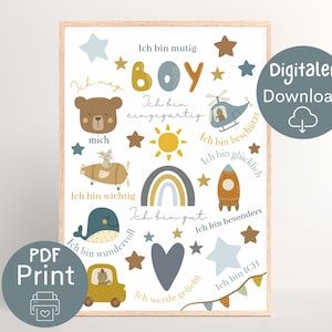 Affiche encourageante pour garçons, décoration de chambre d'enfant avec dictons, affirmations en PDF à imprimer, cadeau naissance baptême anniversaire dernière minute