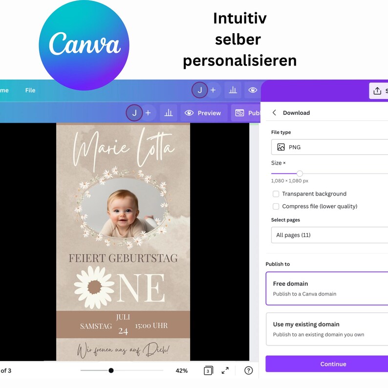 Tarjeta de invitación digital para un primer cumpleaños con un diseño de UNO con margaritas y una foto | Invitación para una fiesta de cumpleaños de niña | imagen 10