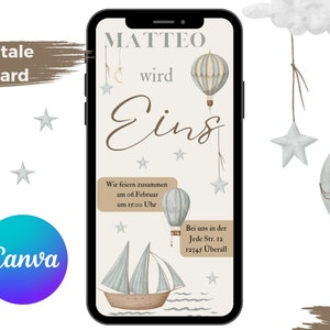 Tarjeta de invitación digital para cumpleaños infantil, tarjeta electrónica personalizable WhatsApp chico, invitación de cumpleaños por celular, plantilla para canva