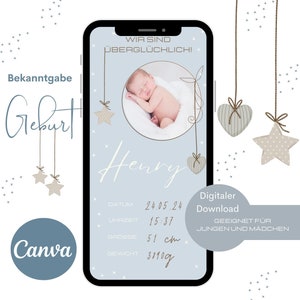 Annuncio di nascita digitale, annuncio di nascita ragazza ragazzo, modello biglietto di nascita Canva, annuncio di nascita e-card WhatsApp, modello dati di nascita