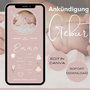 Anuncio de nacimiento digital, anuncio de nacimiento de niña, plantilla de tarjeta de nacimiento Canva, tarjeta electrónica de anuncio de nacimiento WhatsApp, plantilla de fecha de nacimiento