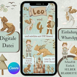 Convite cavaleiro, cartão de convite digital para aniversário infantil, convite de aniversário personalizado WhatsApp dragão, modelo Canva castelo do cavaleiro
