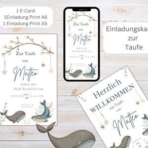 Puede incluir: Un conjunto de tres invitaciones imprimibles para un baby shower con un esquema de color azul, blanco y marr&oacute;n. Las invitaciones presentan una ballena, estrellas y el texto "Zur Taufe von Matteo".