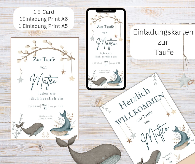Puede incluir: Un conjunto de tres invitaciones imprimibles para un baby shower con un esquema de color azul, blanco y marr&oacute;n. Las invitaciones presentan una ballena, estrellas y el texto "Zur Taufe von Matteo".