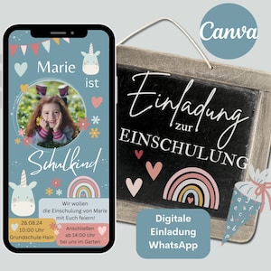 Foto de matrícula escolar de convite digital, cartão eletrônico primeiro dia de aula, modelo de cartão de convite Canva, cartão personalizável de volta à imagem da menina da escola