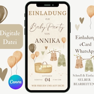 Digitale Baby Party Einladungskarte Babyparty eCard, Baby Shower Einladung, Mom to be, Junge oder Mädchen, WhatsApp Vorlage Baby Bekanntgabe