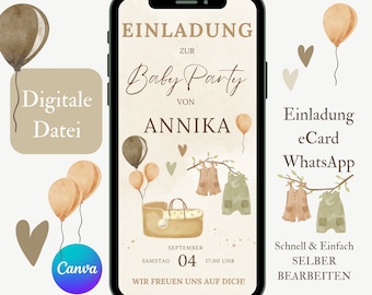 Invito elettronico per baby shower, modello Canvas per baby shower in stile boho, biglietto WhatsApp per bambino o bambina