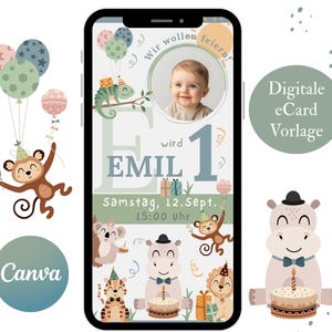 Invito 1° compleanno con foto bambino, biglietto d'invito digitale compleanno bambini, eCard festa animali safari, modello Canva compleanno bambino